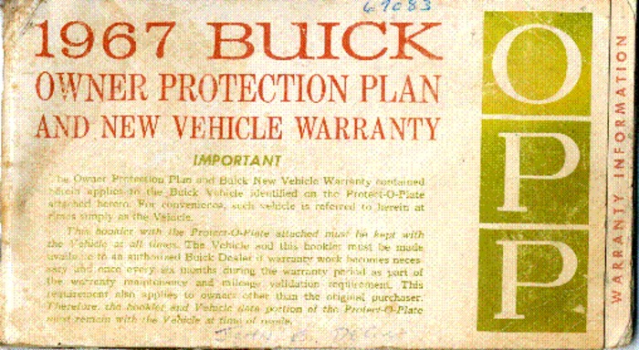 Owner Protection plan and New Vehicle warranty for the 1967 Buick.